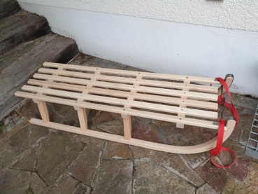 Holzschlitten Zwillingsschlitten - Davoser Rodel - Davoser Schlitten 113 cm aus Buche Lattensitz extra lang - Zwillingsrodel - Zwillingsschlitten mit Zugseil