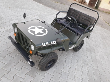 HILLBIL Willys Jeep 110 ccm - Kinderauto mit Benzinmotor gefedert, 3-Gang Schaltung bis 45 km/h mit Normalbereifung