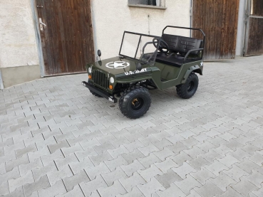 Mini Willys Jeep Kinderauto HILLBIL XTR US.ARMY mit Benzinmotor 150 ccm Offroad mit Federung und Scheibe grün - ca. 10 PS - bis 60 km/h