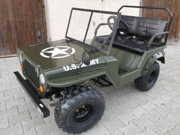 HILLBIL Mini Willys Jeep Kinderauto mit Benzinmotor 150 ccm Offroad mit Federung, Anhängerkupplung und Scheibe grün - ca. 10 PS - bis 60 km/h