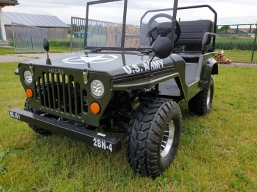 HILLBIL XTR US Army Mini Car Offroad 150 ccm, grün mit Federung, Anhängerkupplung, Frontscheibe, Handbremse, Alu-Felgen