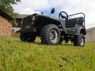 HILLBIL XTR Mini Willys Jeep US.ARMY Kinderauto mit Benzinmotor 150 ccm Offroad mit Federung, Scheibe, Alu-Offroad-Reifen