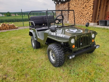 HILLBIL XTR Mini Willys Jeep US.ARMY Kinderauto mit Benzinmotor 150 ccm Offroad mit Federung, Scheibe, Alu-Offroad-Reifen