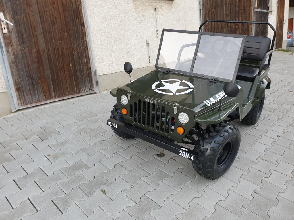 HILLBIL Mini Willys Jeep 110 ccm - Kinderauto mit Benzinmotor gefedert,  3-Gang Schaltung bis 45 km/